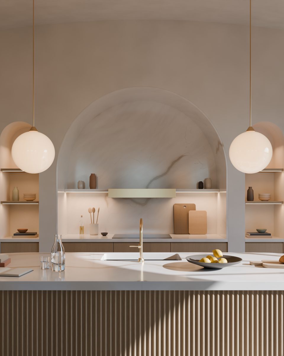 Render: the marble-lined cooking arch, a shelf with a brass hood, two glass globe pendants and the island top with lemons.