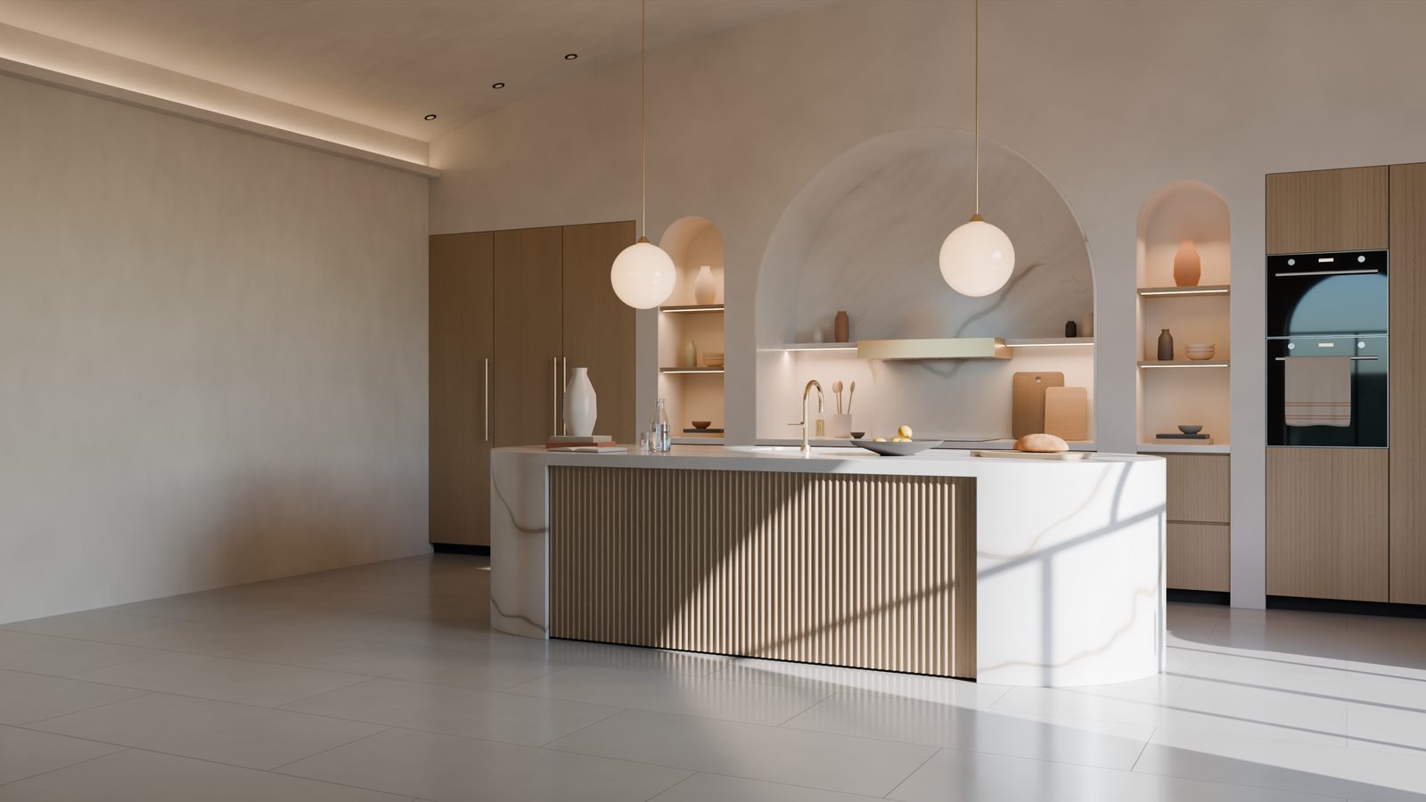 Presentation render of a kitchen: an island with round marble ends and a fluted oak side, a marble-lined cooking arch, tall oak units and sunlight on the floor.