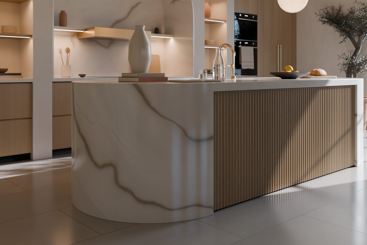 Render: the round marble end of the island, with grey veins, meeting the fluted oak side.